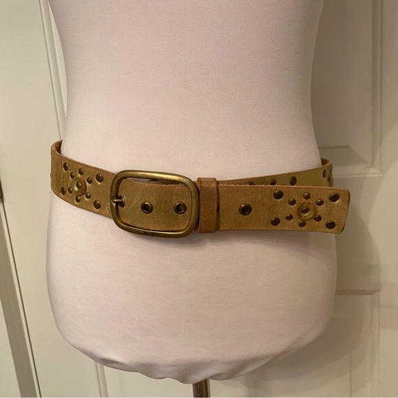 CALVIN KLEIN JEANS BRAND BELT GOLD WEATHERED LEATHER STUDS EMBELLISHED SIZE M - Picture 1 of 11